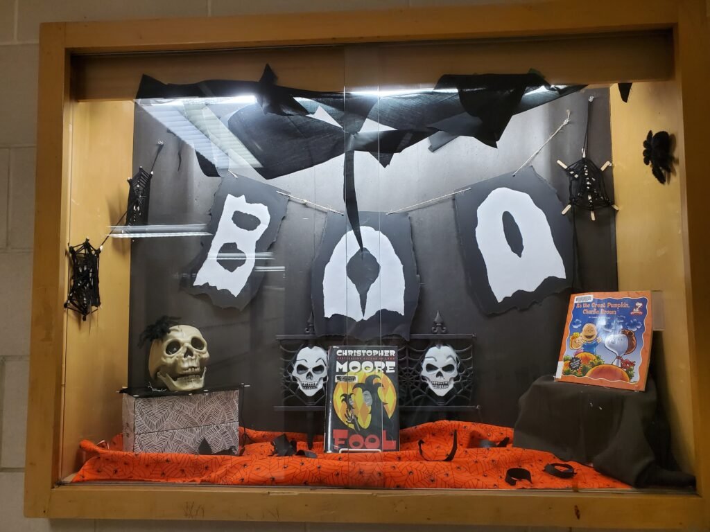 Image of a halloween "boo" book display for school library.