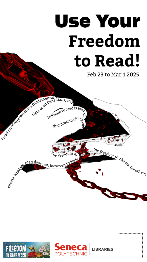 Poster for Freedom to Read. Illustration of a hand breaking the lock on a book using words and letters to create drawing lines. Poster message is Use your freedom to read.