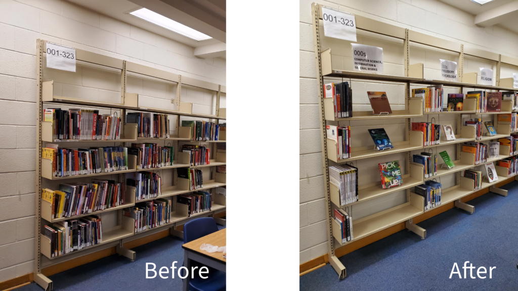 Before and after picture of non fiction book shelf showing newly arranged books, signage, and front facing book displays.