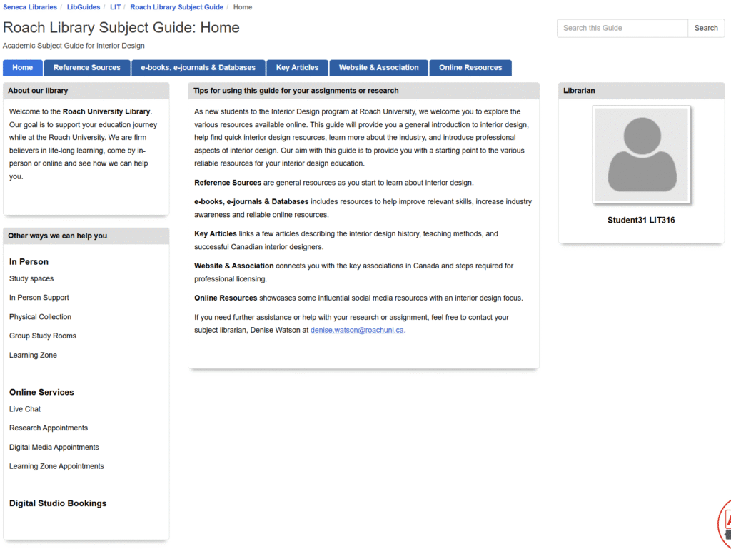 Home page screenshot of LIB guide for Interior Design first year students and prospective students.