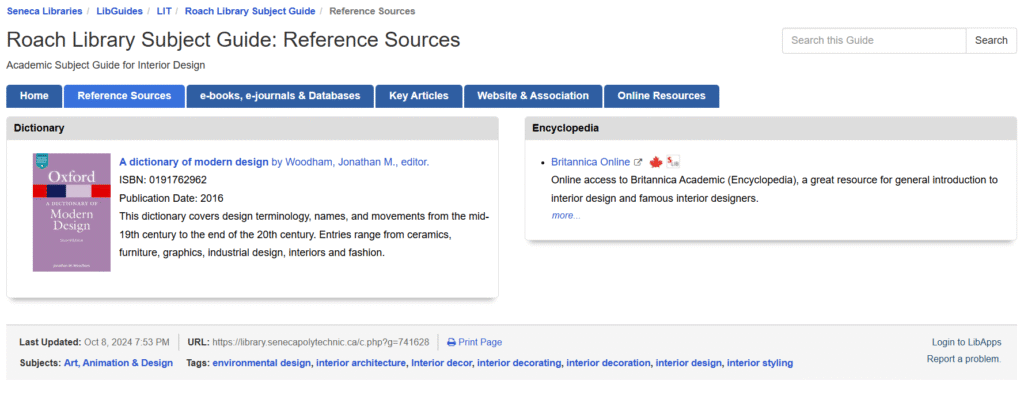 Screenshot of general reference resources for Interior Design students available