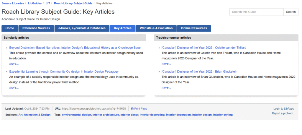 Screenshot of relevant articles for first year interior design students