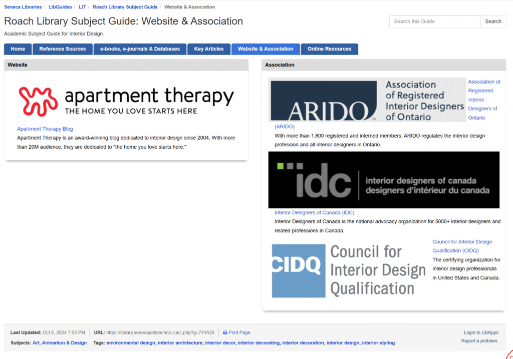 Screenshot of links to blogs, associations that are relevant for interior design students