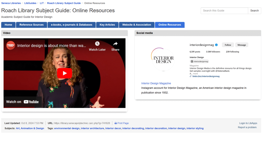 Screenshot of links to ted talk video, social media accounts useful for interior design students