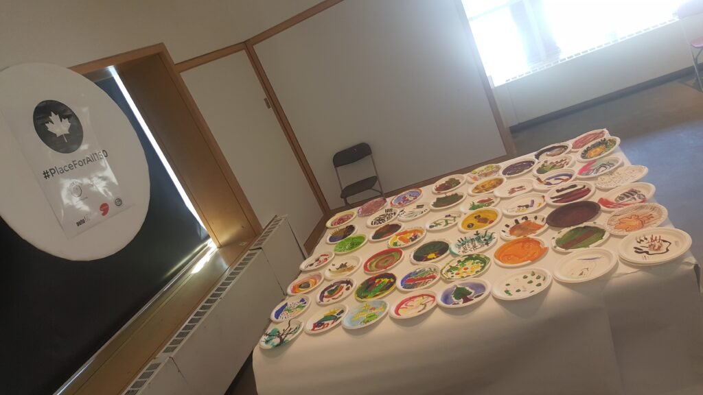 A collection of community painted paper plates on display at the Varley Gallery.