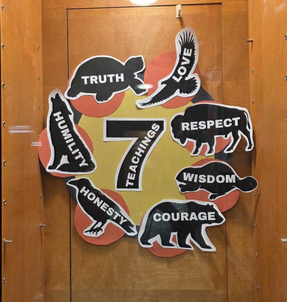 Collage poster of seven grandfather teachings using animal silhouettes and their teachings - Turtle for truth, Eagle for Love, Buffalo for Respect, Beaver for Wisdom, Bear for Courage, Raven for Honesty, Wolf for Humility. 7 silhouettes of animals are placed on a background of a mix of orange, yellow and black circles.