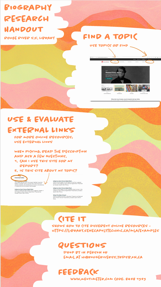 The Biography Research Handout with instructions, steps, and images helping new users with navigating Canadian Encyclopedia.