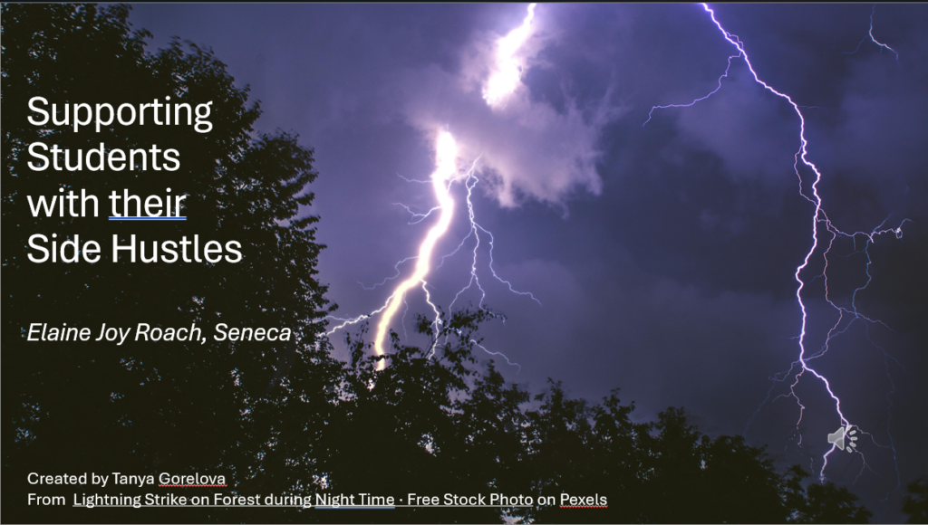 Title slide for Supporting Students with their Side Hustles slide deck for the 2025 OLA Lightning Strikes presentation.